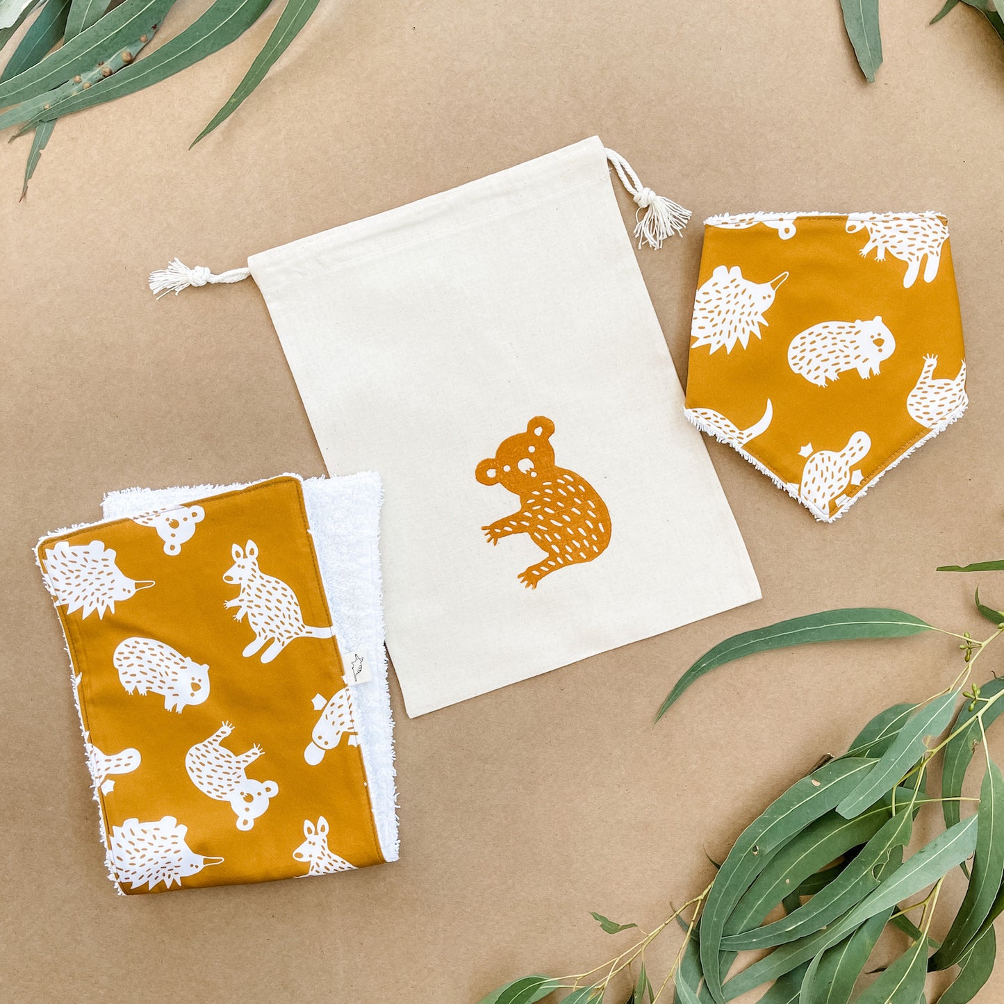 Bib and Burp Cloth Bundle – Mustard Australian Animals-Bandicute