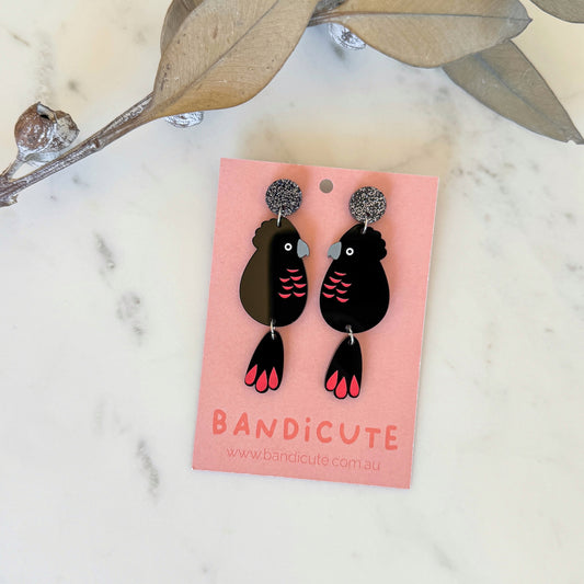 Glossy Black Cockatoo Earrings-Bandicute