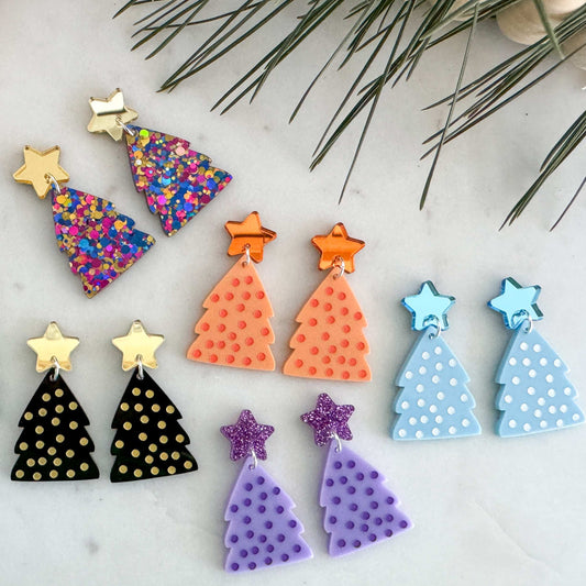 Spotty Christmas Tree Earrings - Light Blue-Bandicute