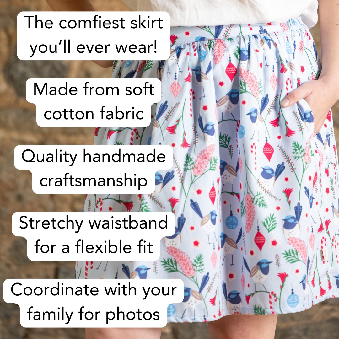 Christmas Women's Skirt - Blue Wren - PRE-ORDER-Bandicute