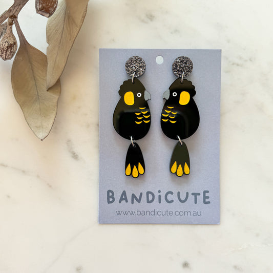 Yellow Tailed Black Cockatoo Earrings-Bandicute