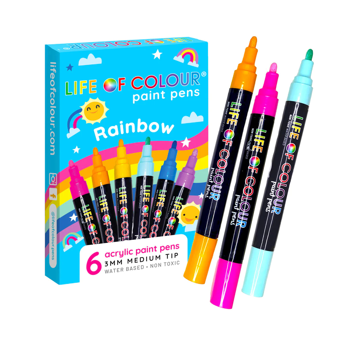 Life of Colour Paint Pens - Rainbow Colours Medium Tip - 6 Pack-Bandicute