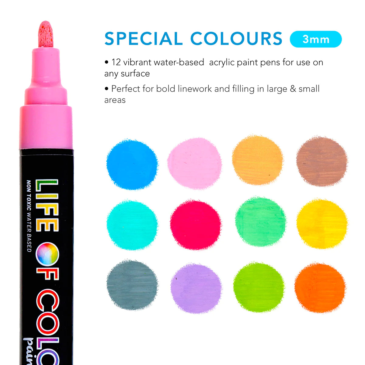 Life of Colour Paint Pens - Special Colours Medium Tip - 12 Pack-Bandicute