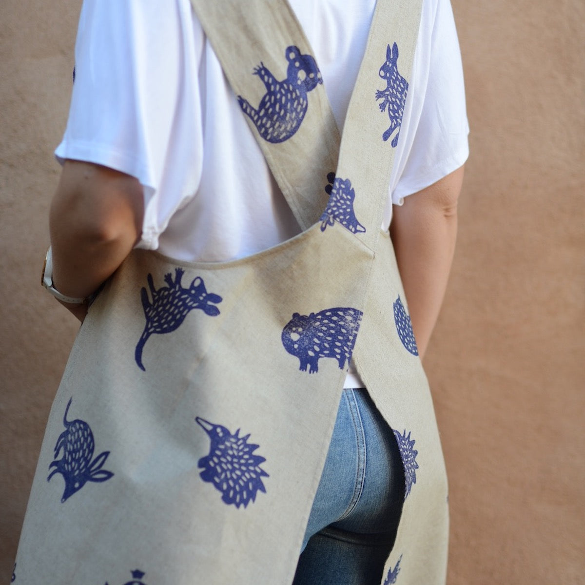 Apron Australian Animals Organic Cotton Hemp Fabric Cross Back Design