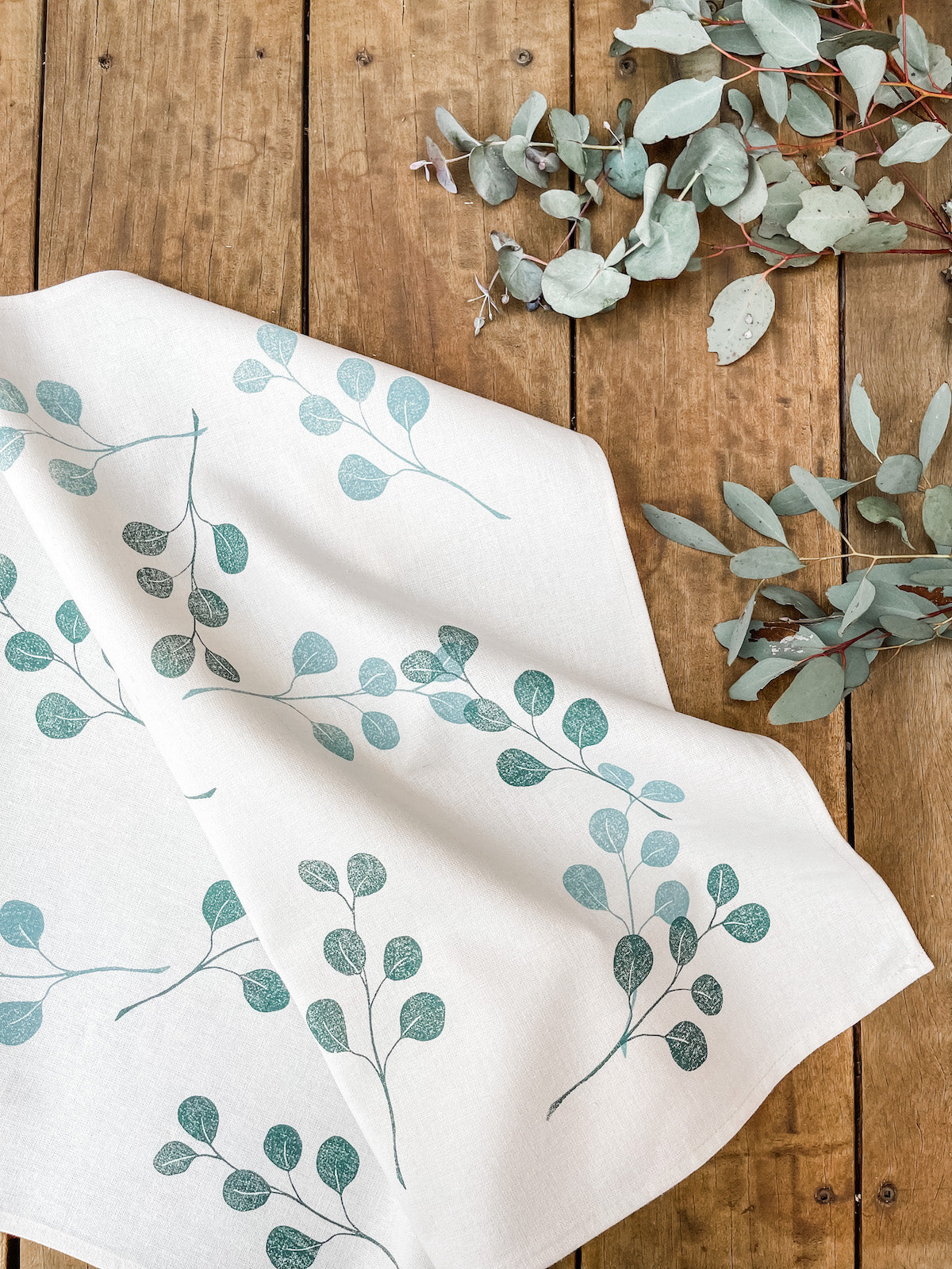 Block Printed Tea Towel - Gum Leaves-Bandicute