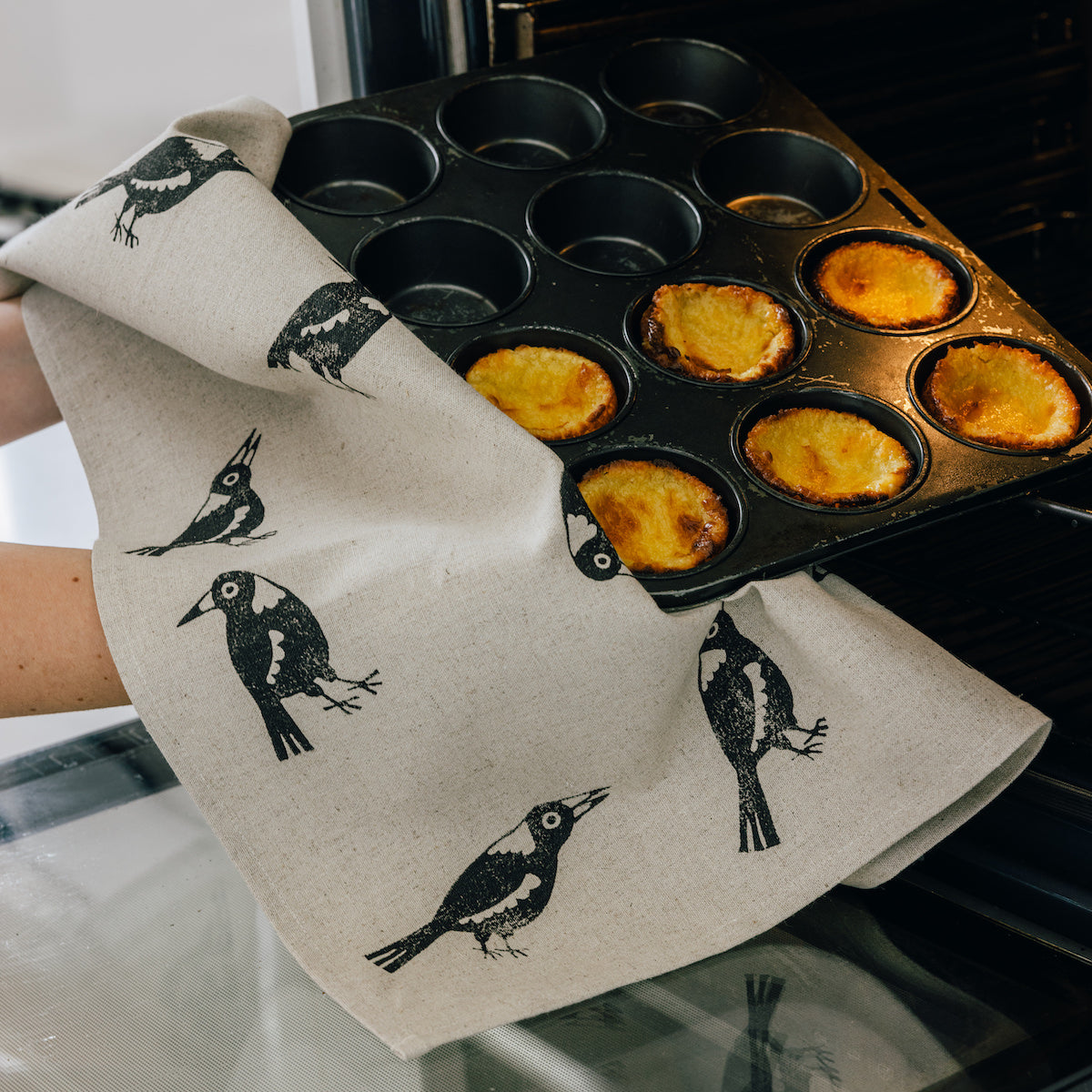 Australian tea towel with magpie pattern