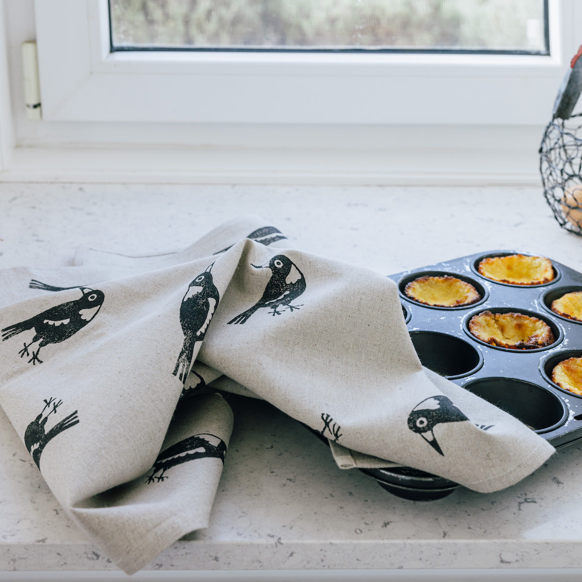 Australian Tea towel - magpie print on oatmeal coloured fabric