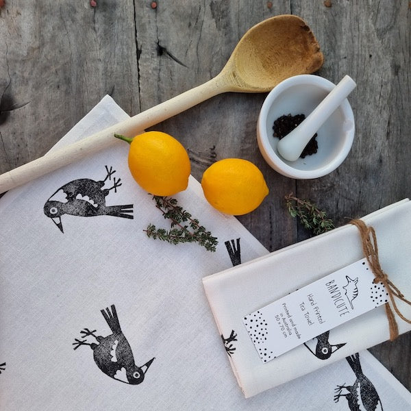 Block Printed Tea Towel - Magpies-Bandicute