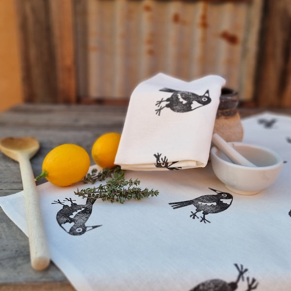 Block Printed Tea Towel - Magpies-Bandicute