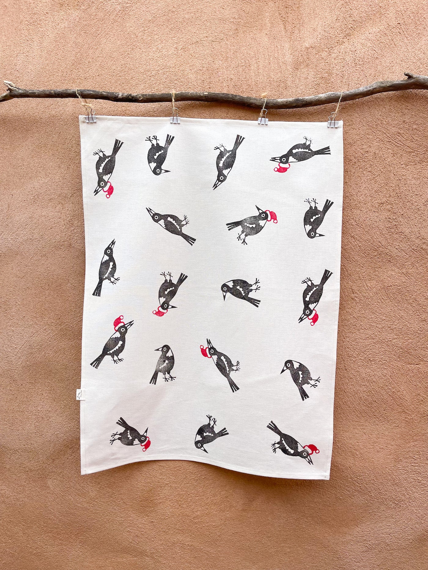 Block Printed Tea Towel - Christmas Magpies-Bandicute