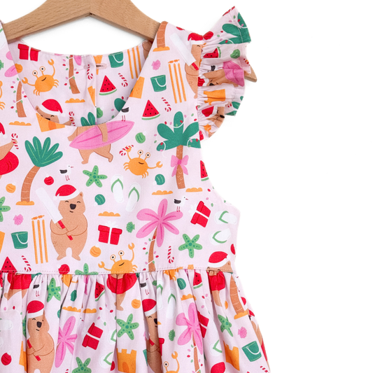 PRE-ORDER - Girls Flutter Sleeve Dress - Christmas by the Beach Bandicute