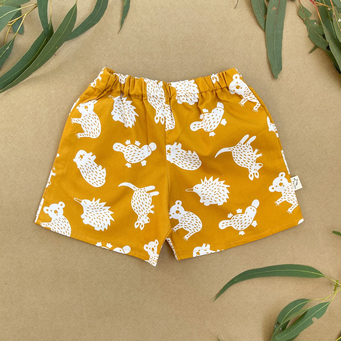 Children's cotton Shorts - Mustard Australian Animals