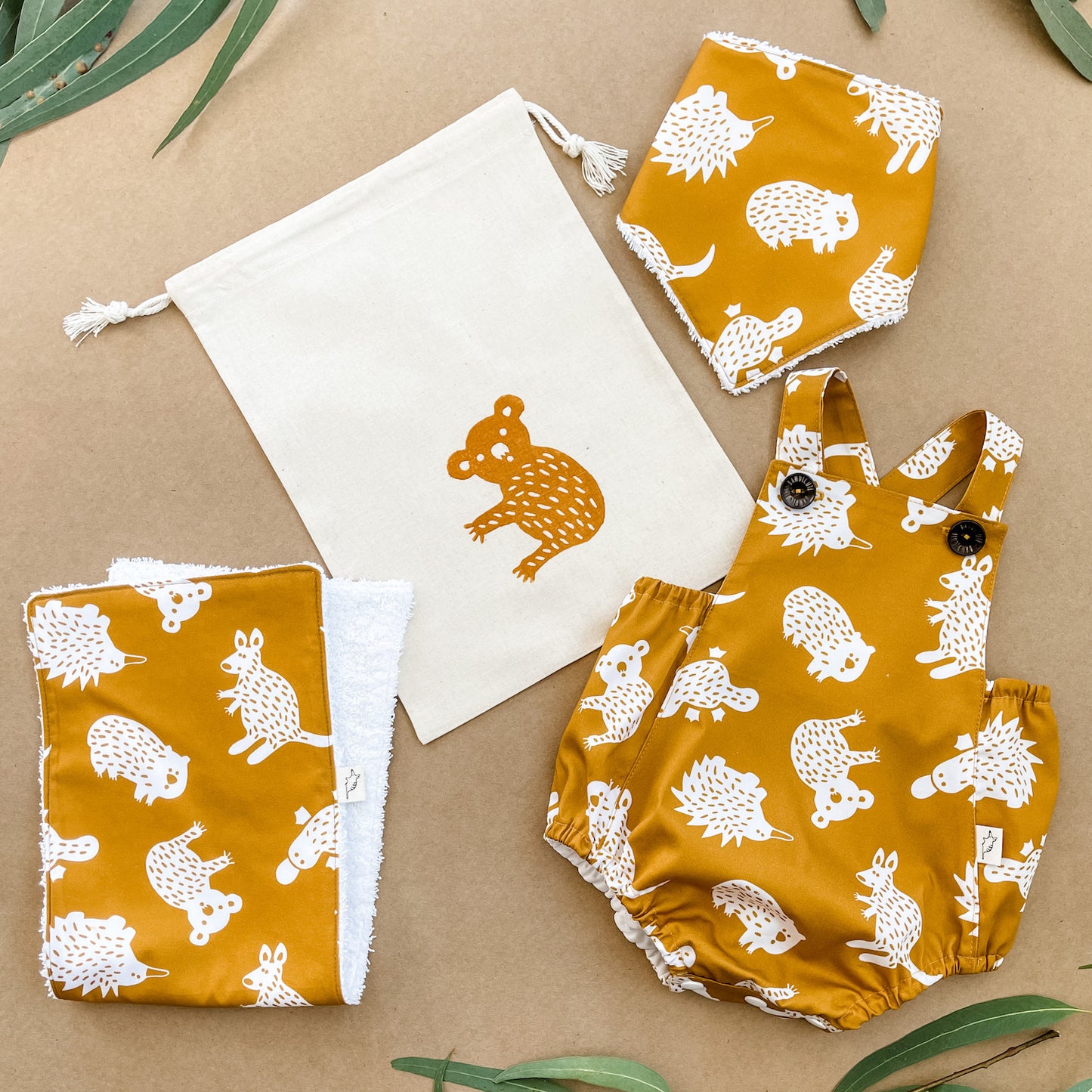 Baby Romper Gift Bundle – Mustard Australian Animals-Bandicute