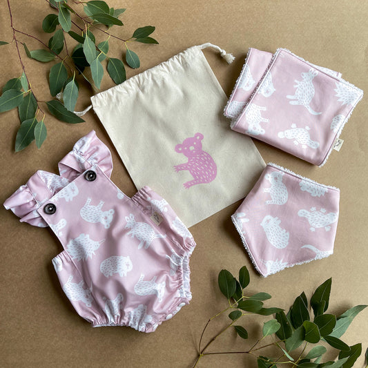 Baby Romper Gift Bundle – Pink Australian Animals-Bandicute