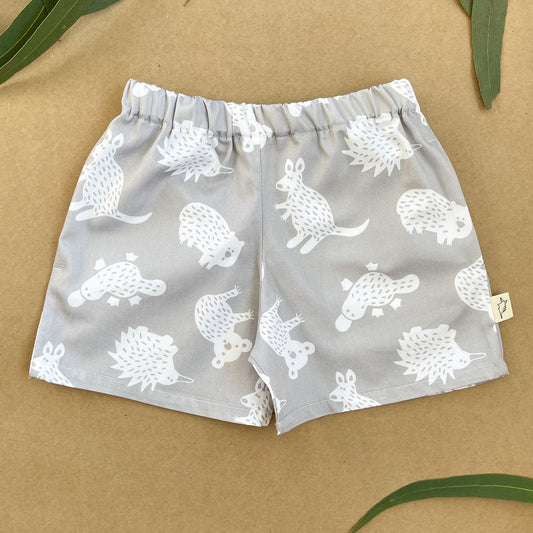 Children's Cotton Shorts - Grey Australian Animals- Bandicute