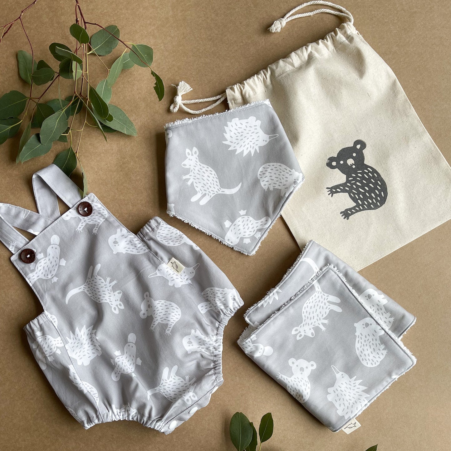 Baby Romper Gift Bundle – Grey Australian Animals-Bandicute