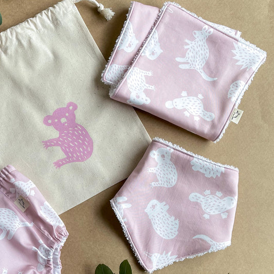 Bib and Burp Cloth Bundle – Pink Australian Animals-Bandicute