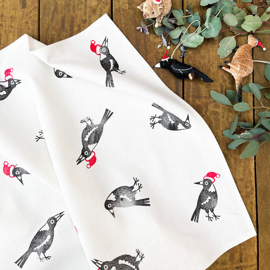 Block Printed Tea Towel - Christmas Magpies-Bandicute