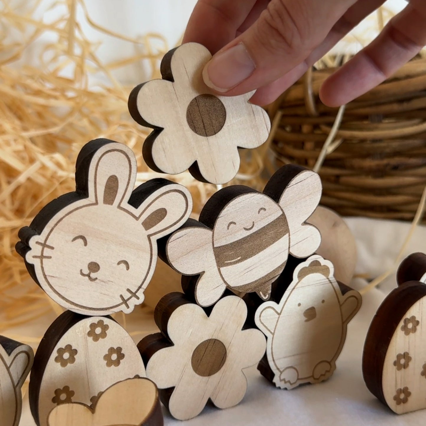 timber easter stacking game with cute bunnies, bees, flowers, chicks and eggs