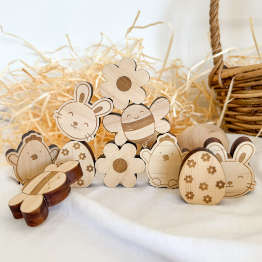 timber easter stacking game with cute bunnies, bees, flowers, chicks and eggs