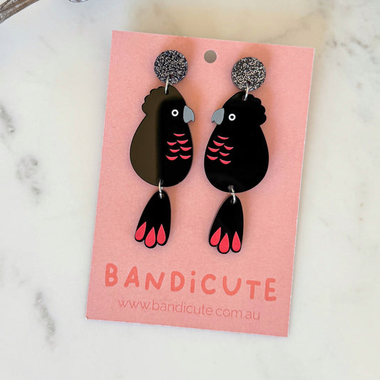 Glossy Black Cockatoo Earrings-Bandicute
