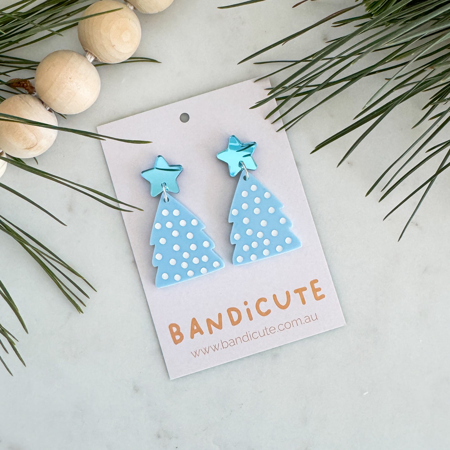 Spotty Christmas Tree Earrings - Light Blue-Bandicute