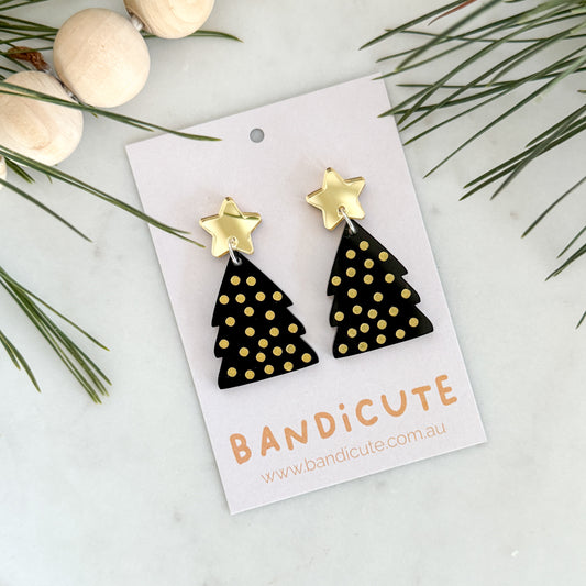 Spotty Christmas Tree Earrings - Black and Gold-Bandicute