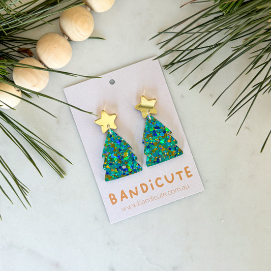 Christmas Tree Earrings - Aqua Sparkly-Bandicute