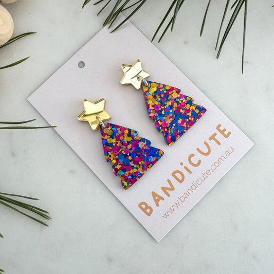 Christmas Tree Earrings - Pink and Blue Sparkly-Bandicute