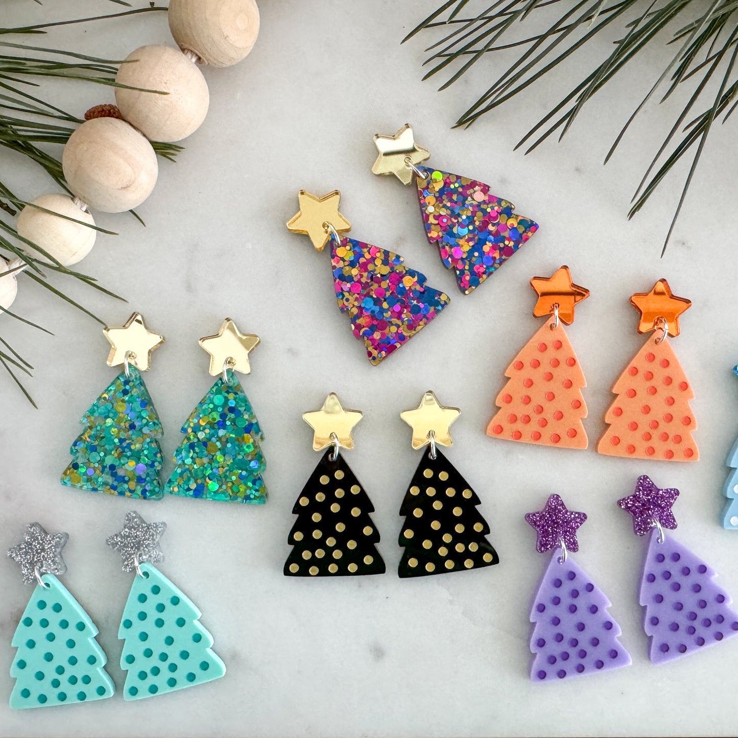 Christmas Tree Earrings - Pink and Blue Sparkly-Bandicute