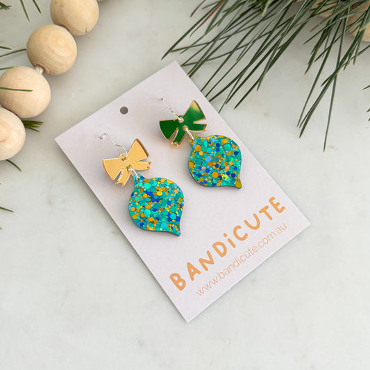 Bauble Earrings - Sparkly Aqua and Gold-Bandicute