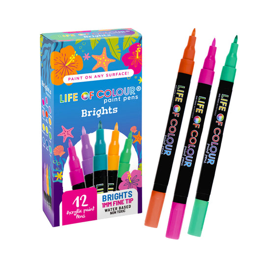 Life of Colour Paint Pens - Bright Colours Fine Tip - 12 Pack-Bandicute