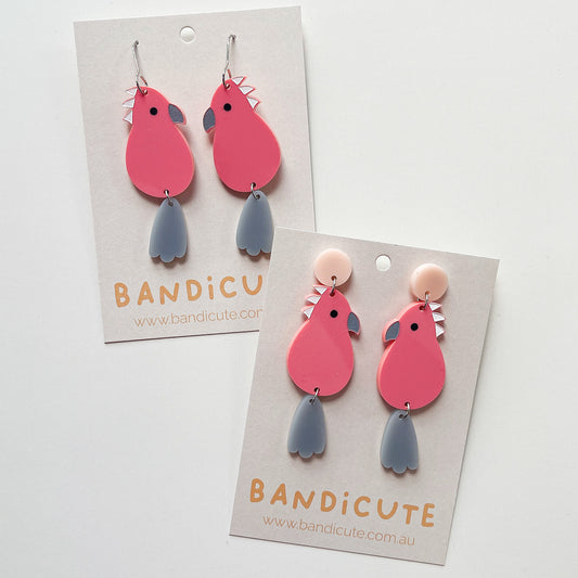 Mini acrylic galah earrings. Pink with grey tails.