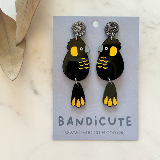 Yellow Tailed Black Cockatoo Earrings-Bandicute