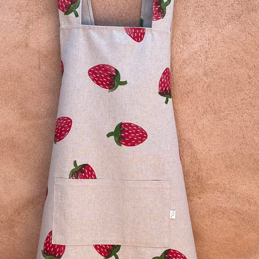 Apron in strawberry print - block printed - organic cotton - australian made