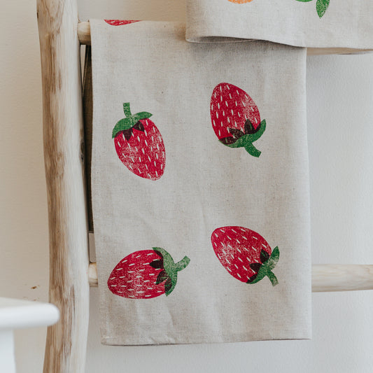 Block Printed Tea Towel - Strawberries-Bandicute