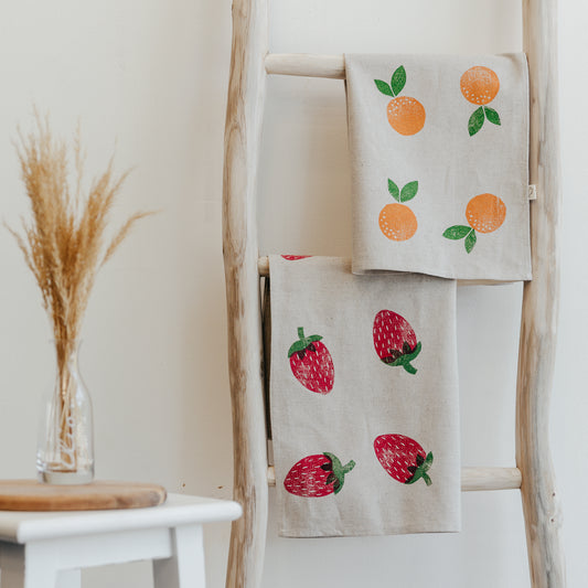 Block Printed Tea Towel - Strawberries-Bandicute