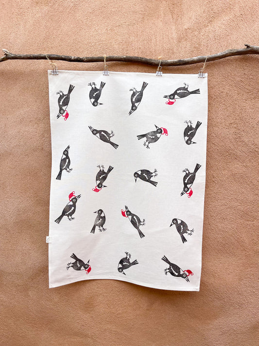 Block Printed Tea Towel - Christmas Magpies-Bandicute